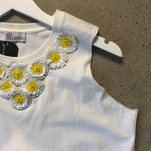 Red Valentino White Daisy Embellished Cotton Jersey Top - Picture 4 of 11